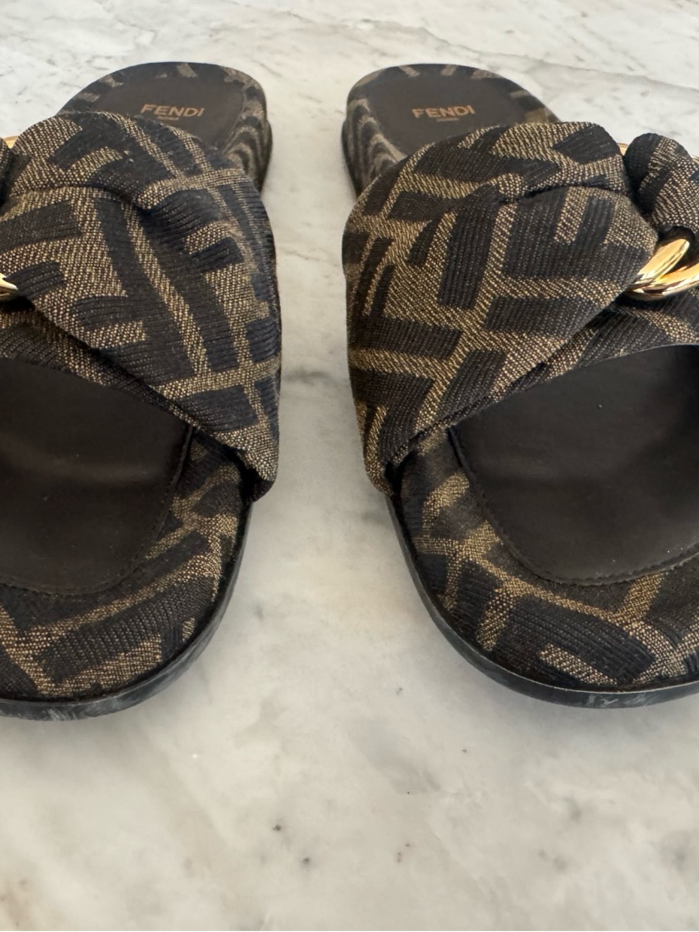 Fendi Brown FF-Print Slide Sandals with Gold Buckle - Picture 2 of 6